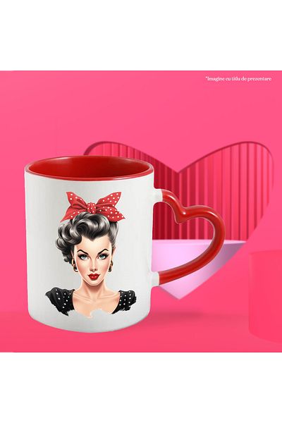 StoryGift Romania Mug with a beautiful brunette woman with short hair, illustration, retro style, old, d, With ,STG