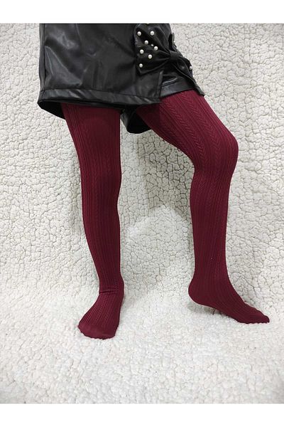 DÜVEN Knitted Patterned Girl's Medium Thick Seasonal Pantyhose - Wine