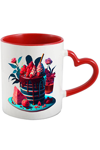 StoryGift Romania Cana Cu Tort, Prajitura, Capsuni, Flori, Multicolor 330 ml, Ceramica cu Maner In, Cu Maner Inim