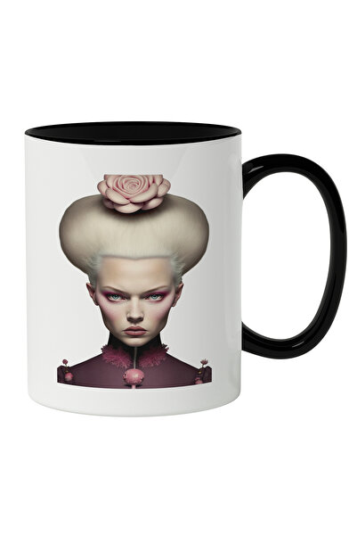 StoryGift Romania Cana Cu Portret Femeie Cu Par Inalt Blond Si Floare Roz, Ti...