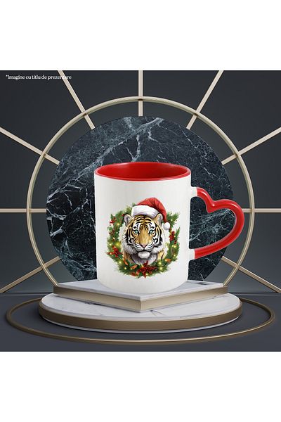 StoryGift Romania Mug with a tiger wearing a Christmas hat, illustration, holiday atmosphere, choir, With Heart Handle