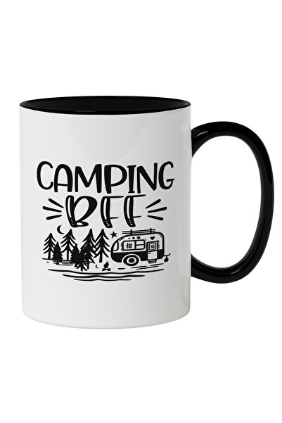 StoryGift Romania Cana Cu Text In Engleza Negru Camping BFF, Rulota Intre Munti, Padure, Zona Mont, Cu Maner Negru