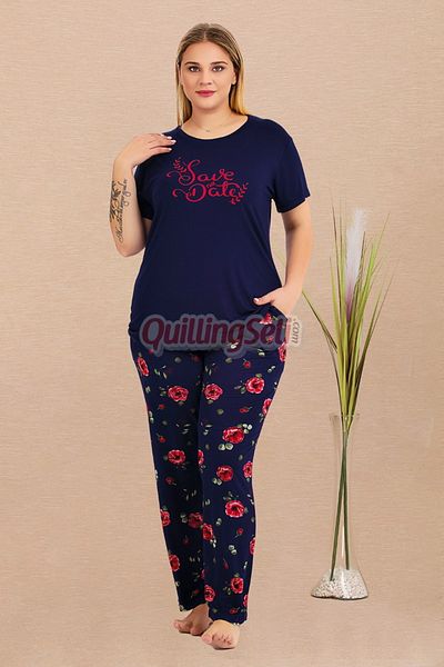 quilling Navy Blue Color and Patterned 11025 Short Sleeve Women's Plus Size Mother Pajamas Set
