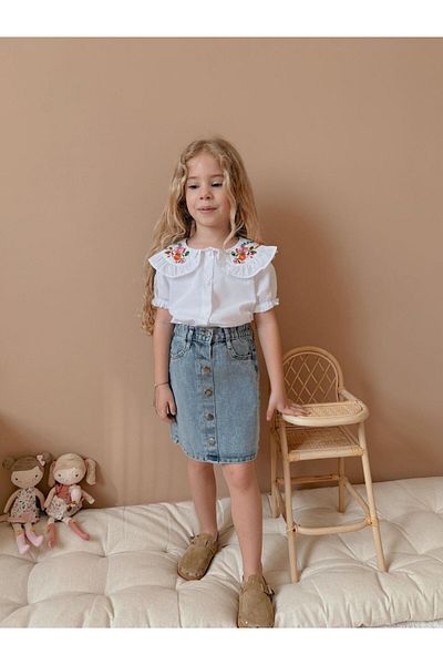 WİKİBOOM Girl's Suit with Denim Skirt and Floral Shirt