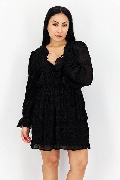 NA-KD Women Long Sleeves Pleated Casual Mini Dress, Black