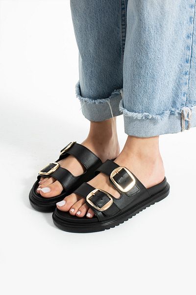 Güllü Shoes Black Vegan Leather Thermo Sole Stylish Women's Slippers with Gold Buckle – Comfortable, Non-Slip, Summer
