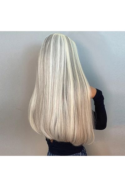 animis beauty White Blonde Wig with Grey Highlights, Synthetic Fiber with Natural Look, Long Straight Hair, with Bangs, 65 cm