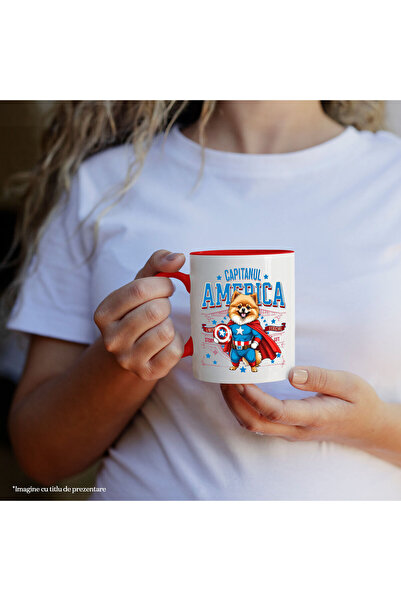 StoryGift Romania Mug with Pomeranian Dog in Captain America Costume with Cape, Night Hero,, With Red Handle
