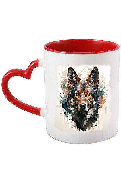 StoryGift Romania Cana Cu Cap De Lup, Animal Salbatic, Geometric, Dungi, Multicolor 330 ml, Cerami, Cu Maner Inim