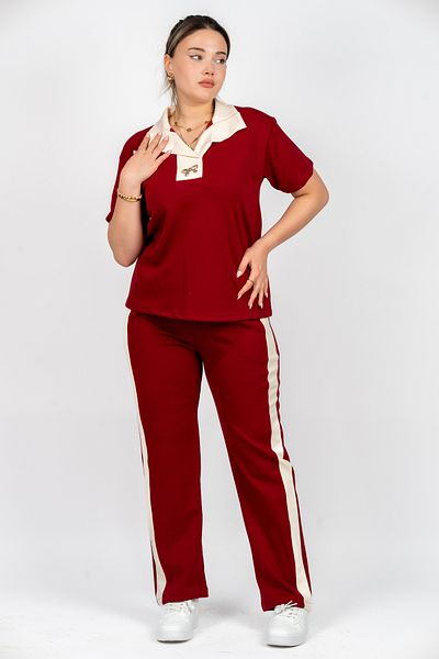 PUANT Women's Polo Neck Striped Tracksuit Set - Short Sleeve Comfortable Fit