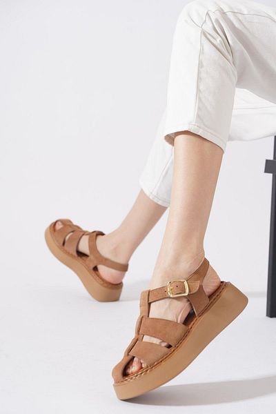 Moda Pie Miraze Caged Genuine Leather Women's Sandals Cappuccino Suede