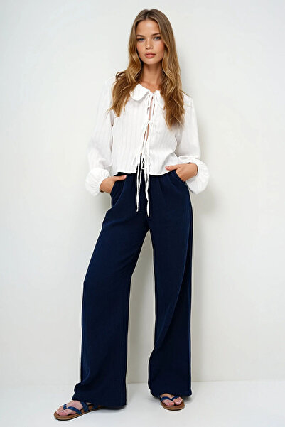 VAGGON Women's Navy Blue Double Pocket Elastic Waist Muslin Linen Trousers Prmx13992