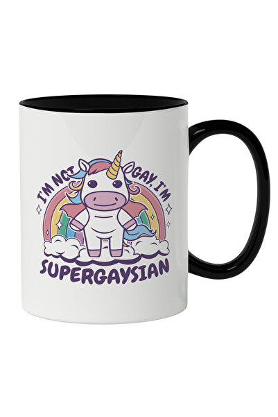 StoryGift Romania Cana Cu Unicorn Cu UN Curcubeu In Cer, Text In Engleza I'm Not Gay, I'm Superga, Cu Maner Negru