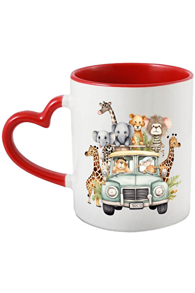 StoryGift Romania Cana cu o masina cu animale din jungla | ilustratie | salbatice | safari | plimb, Cu Maner Inim