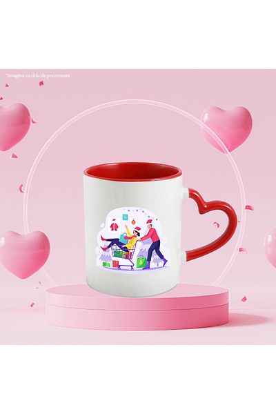 StoryGift Romania Cana Cu Carucior, Costum, Brad, Craciun, Multicolor 330 ml, Ceramica cu Maner In, Cu Maner Inim