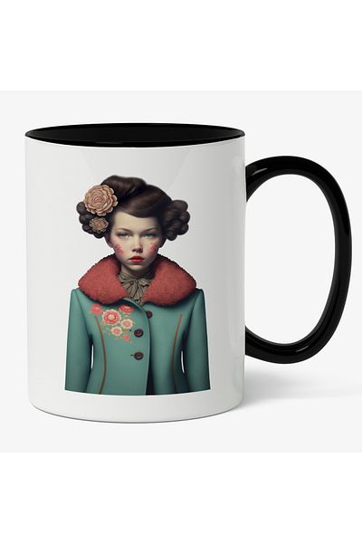 StoryGift Romania Mug with Portrait of a Girl in Royal Outfit, Coat with Flowers and Fur Collar, with Black Handle