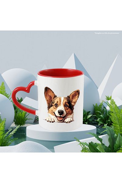 StoryGift Romania Mug with a happy puppy looking over the fence | joy | illustration | brown |, With ,STG