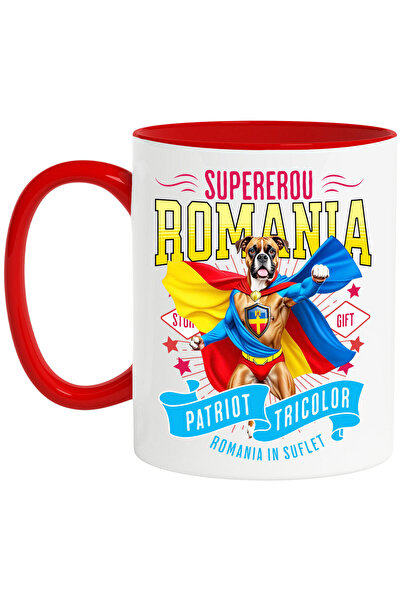 StoryGift Romania Mug with Boxer Dog in Captain Romania Costume with Cape, Night Hero, Thick, With Red Handle