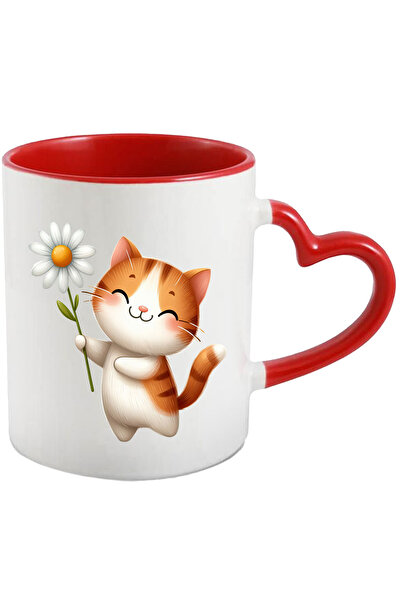 StoryGift Romania Cana cu o pisicuta vesela care tine o floare alba | ilustra...