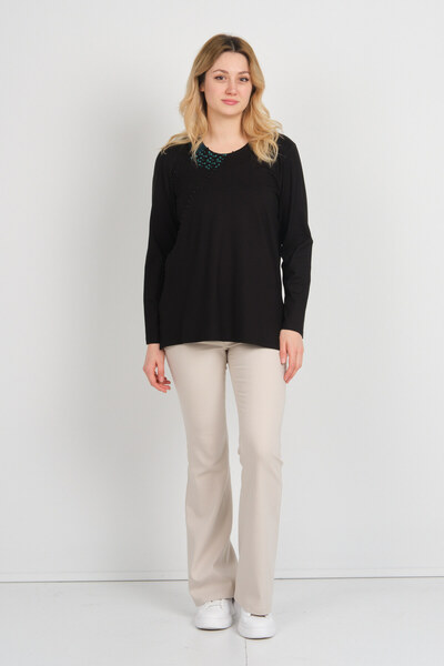 Detay Triko Women's Collar Detailed Beaded Beaded Side Slit Mother Blouse 5725 Black