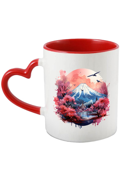 StoryGift Romania Cana Cu Muntele Fuji: Zapada, Lac, Templu, Flori De Cires, Multicolor 330 ml, Ce, Cu Maner Inim
