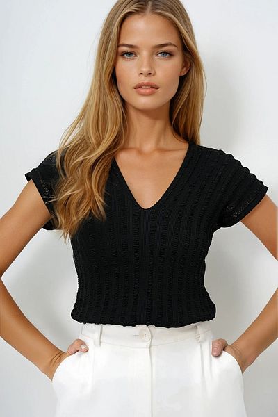 VAGGON Women's Black Front Back V Neck Openwork Summer Knitwear Blouse Prmx14147