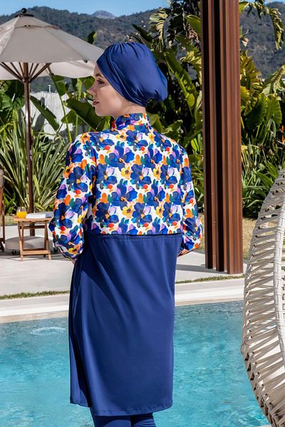 Mayom Fully Covered Crop Model Floral Patterned Hijab Swimsuit-2523