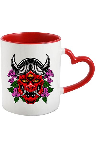 StoryGift Romania Cana Cu Masca Oni, Flori, Colti, Coarne, Demon, Asiatic, Multicolor 330 ml, Cera, Cu Maner Inim
