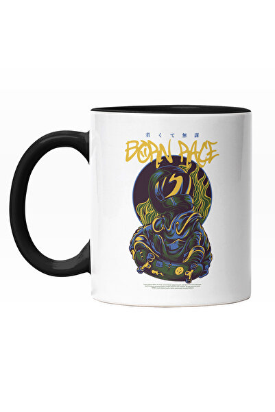 StoryGift Romania Cana Cu Om In Costu De astronaut In Aer Pe Placa DE Skateboard, Text In Engleza , Cu Maner Negru