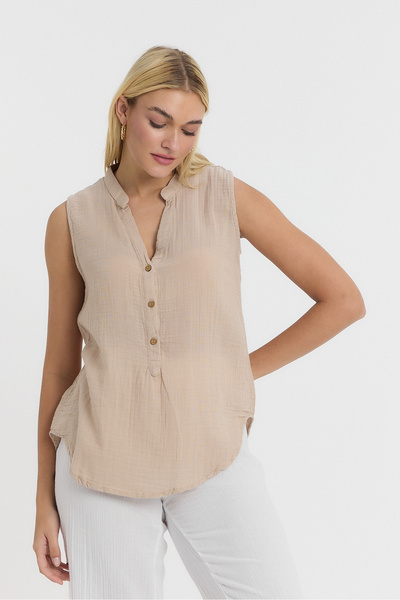 Heaven Ephesus Γυναικεία Μπλούζα - Μουσελίνα Judge Collar Half Placket Αμάνικη Μπλούζα - 1070