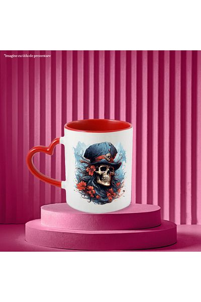 StoryGift Romania Mug with a skull with a hat, illustration, red flowers, hair, abstract with Mane, With ,STG