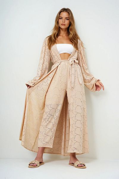 VAGGON Set kimono cu pantaloni lungi ajurat, bej, auto-texturat, pentru femei Prmx11710