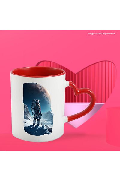 StoryGift Romania Cana Cu Astronaut, Luna, Munte, Zpada, Spatiu, Multicolor 330 ml, Ceramica cu Ma, Cu Maner Inim