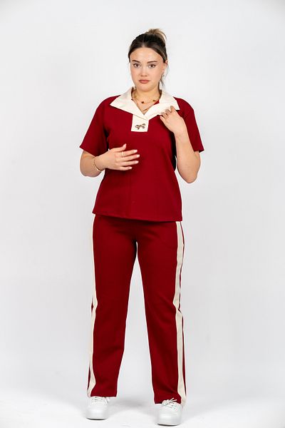 PUANT Women's Polo Neck Striped Tracksuit Set - Short Sleeve Comfortable Fit