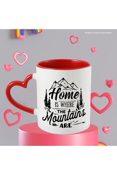 StoryGift Romania Mug with a mountain landscape and the text "Home is where the mountains are" with Handle, With, STG