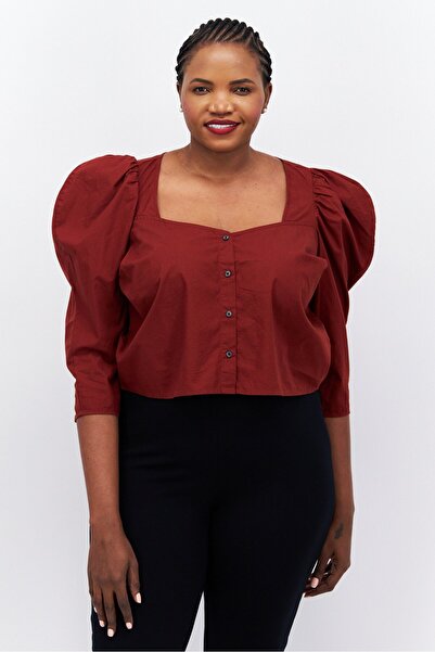 Levi's Women Plus Size Quin Anne Neckline 3/4 th Sleeve Plain Top, Rust Brown