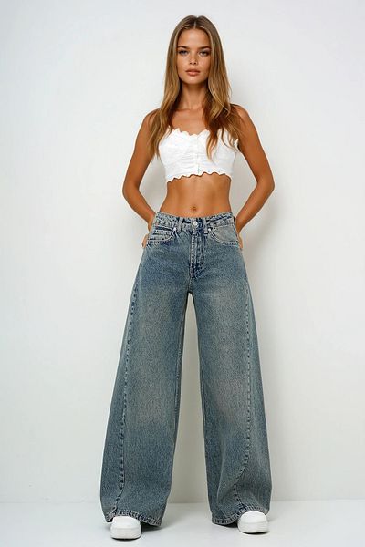 VAGGON Women's Green High Waist Vintage Washed Buggy Cut Jean Pants Prmx13952