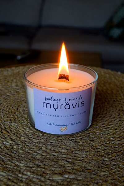 myrâvis Amber Kokulu Ahşap Fitilli Dekoratif El Yapımı ve %100 Doğal Soya Mumu