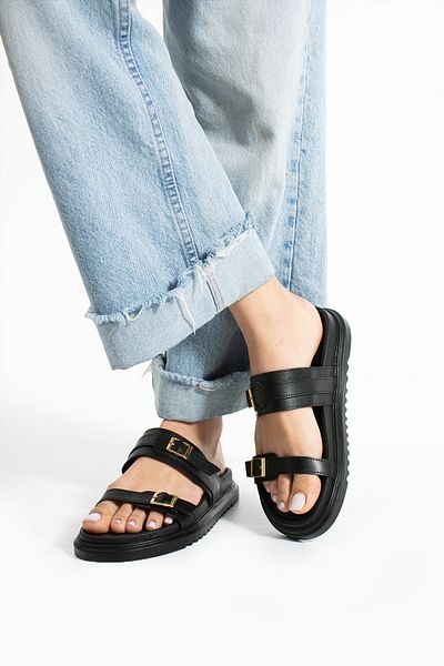 Güllü Shoes Elegant Double Buckle Black Vegan Leather Women's Slippers – Thermo Sole, Non-Slip, Summer Model