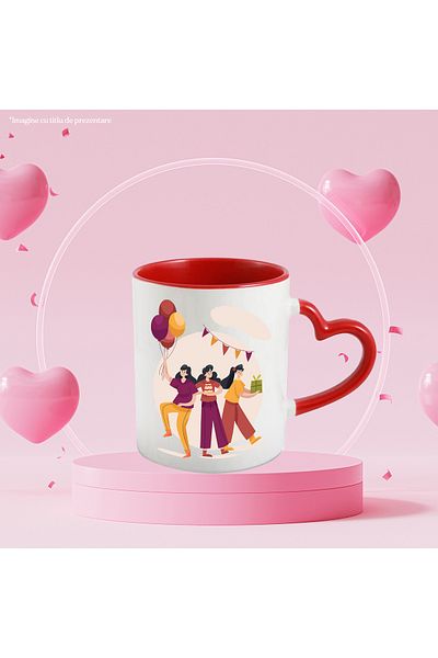 StoryGift Romania Cana Cu Aniversare, Baloane, Tort, Lumanari, Prieteni, Cutie De Cadou, Multicolo, Cu Maner Inim STG