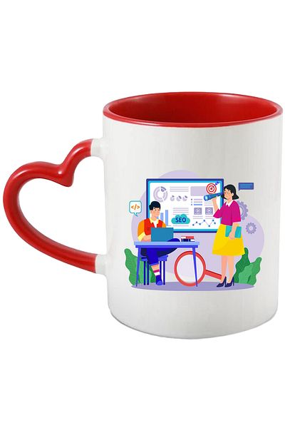 StoryGift Romania Cana Cu Birou, Marketing, SEO, Grafica, Lupa, Laptop, Multicolor 330 ml, Ceramic, Cu Maner Inim