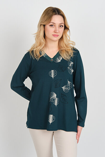 Detay Triko Жіноча блуза з V-подібним вирізом і коміром, прикрашена блискітка...