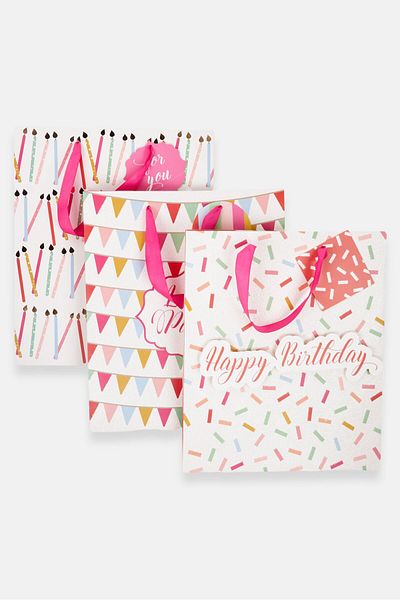 Stella Rose Allover Print 3 Set Of Gift Bag 31 H X 25 L X 13 W Cm, Off White