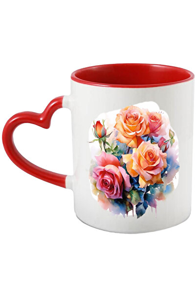 StoryGift Romania Cana Cu Flori, Buchet De Trandafiri, Watercolor, Frunze, Mu...