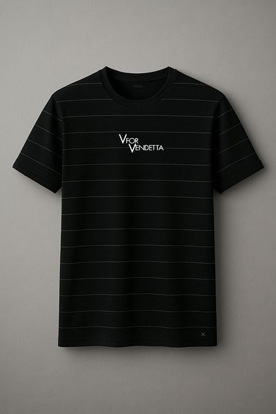 Darkia V for Vendetta Printed Striped Crew Neck Unisex Black T-Shirt T-Shirt