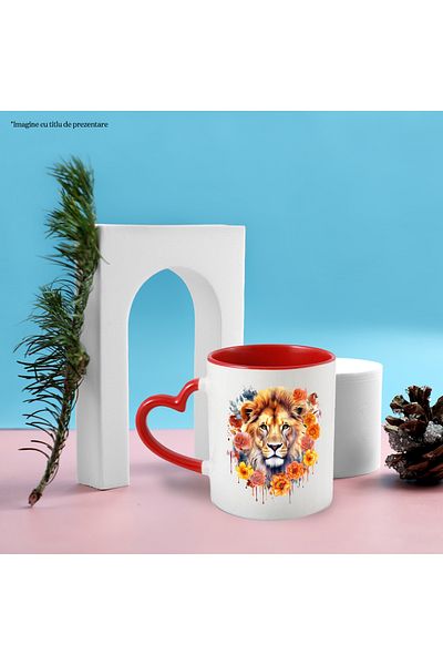 StoryGift Romania Lion Head Mug, Roses, Flowers, Leaves, Watercolor, Multicolor 330 ml, Ce, Cu, STG