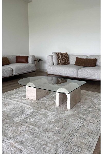 Sümeyra Marble Art Vernio - Doğal Traverten Sehpa CAM TABLALI