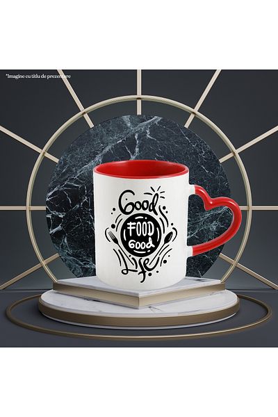 StoryGift Romania Cana Cu Mesaj In Engleza Good Food Good Life, Mancare, Viata, Tacamuri, Farfurie, Cu Maner Inim
