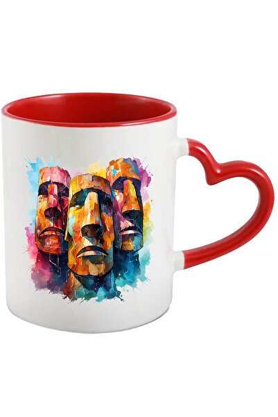 StoryGift Romania Cana Cu Statui, Moai, Ilustratie Acuarela, Piatra, Chip, Multicolor 330 ml, Cera, Cu Maner Inim