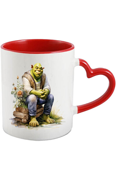 StoryGift Romania Cana Cu Shrek, Flori, Haine, Capcaun, Lemne, Frunze, Multicolor 330 ml, Ceramica, Cu Maner Inim